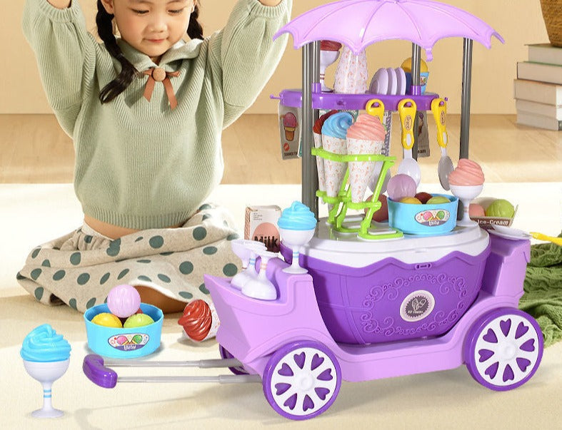 Speelgoed ijskar voor kinderen met kleurrijke accessoires zoals ijsjes, lolly's en bekers voor creatief rollenspel.