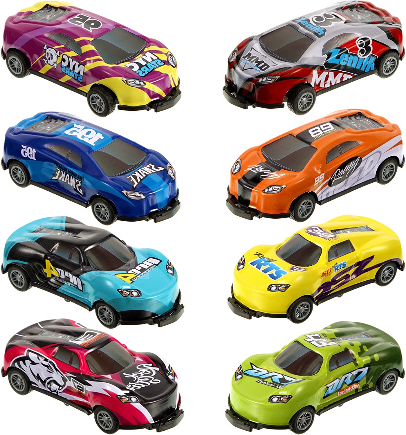 "Speelgoedauto's met kleurrijke ontwerpen en stuntmogelijkheden, onderdeel van de 8-delige Stunt Cars™ set voor kinderen."