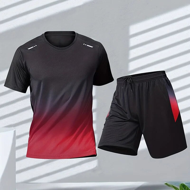 "Sportieve mannenkleding set met blauw shirt en zwarte korte broek, ideaal voor sport en vrijetijdsbesteding."