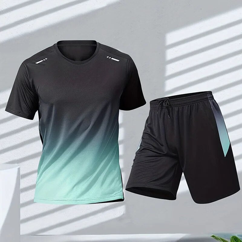 "Sportieve mannenkleding set met blauw shirt en zwarte korte broek, ideaal voor sport en vrijetijdsbesteding."