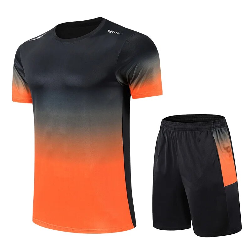"Sportieve mannenkleding set met blauw shirt en zwarte korte broek, ideaal voor sport en vrijetijdsbesteding."