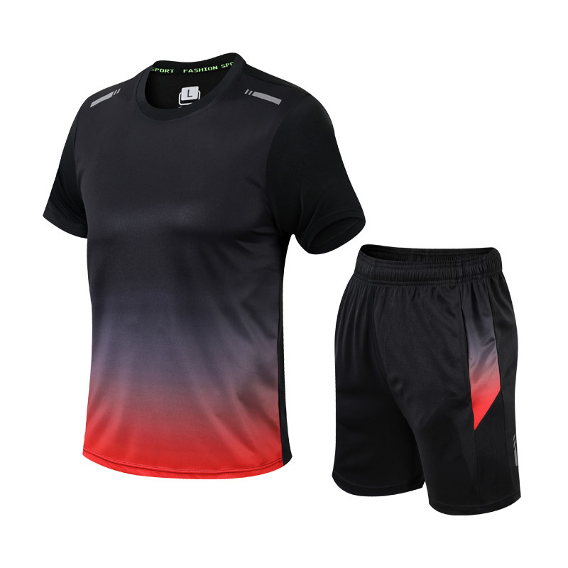 "Sportieve mannenkleding set met blauw shirt en zwarte korte broek, ideaal voor sport en vrijetijdsbesteding."