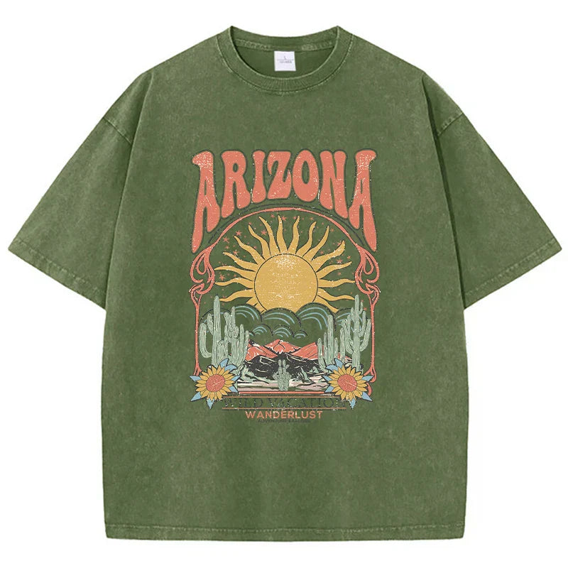 "Stijlvol Dalina Vintage T-shirt voor dames, extra zacht gewassen katoen, relaxte pasvorm in blauw en groen."