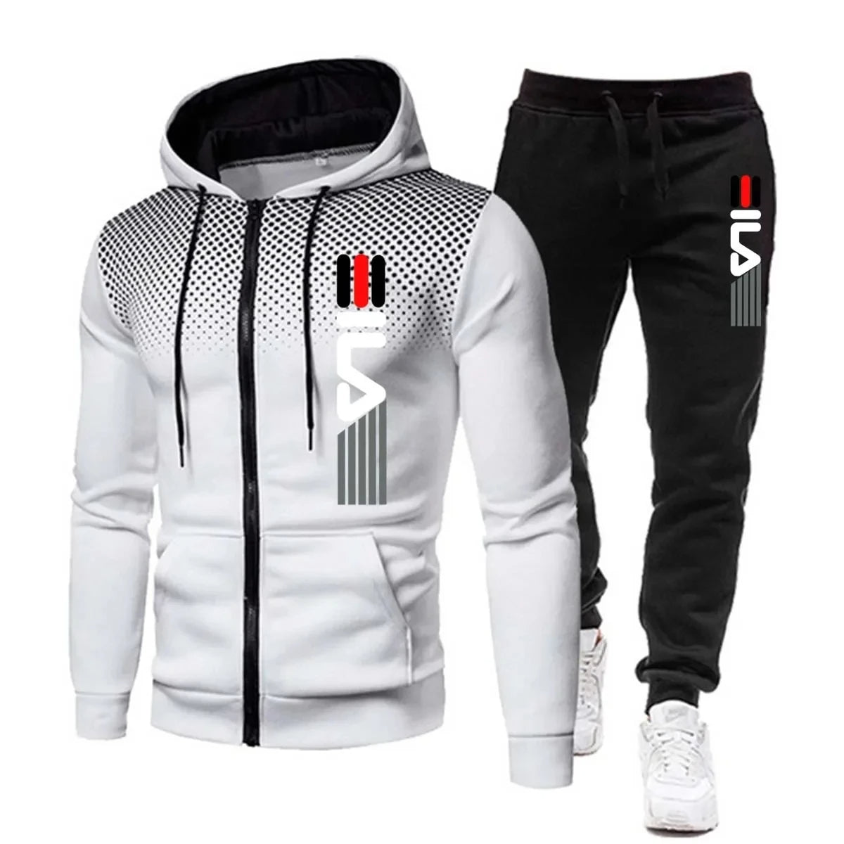 "Stijlvol en functioneel heren trainingspak in blauw, grijs, rood, zwart en wit; comfortabele pasvorm; winterbestendig."