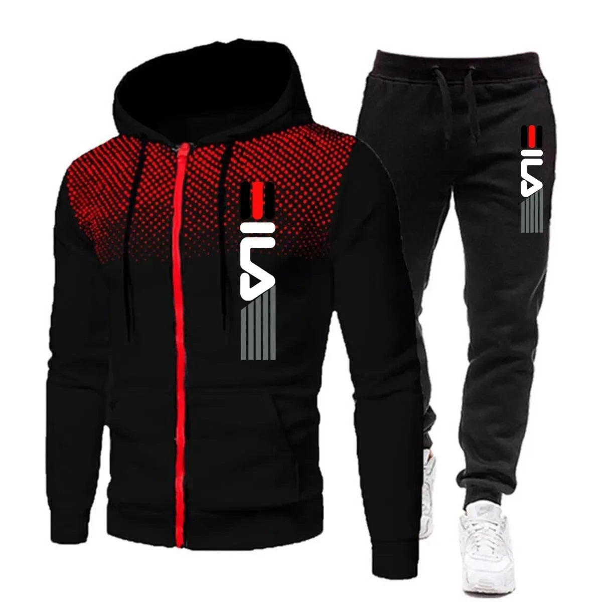 "Stijlvol en functioneel heren trainingspak in blauw, grijs, rood, zwart en wit; comfortabele pasvorm; winterbestendig."