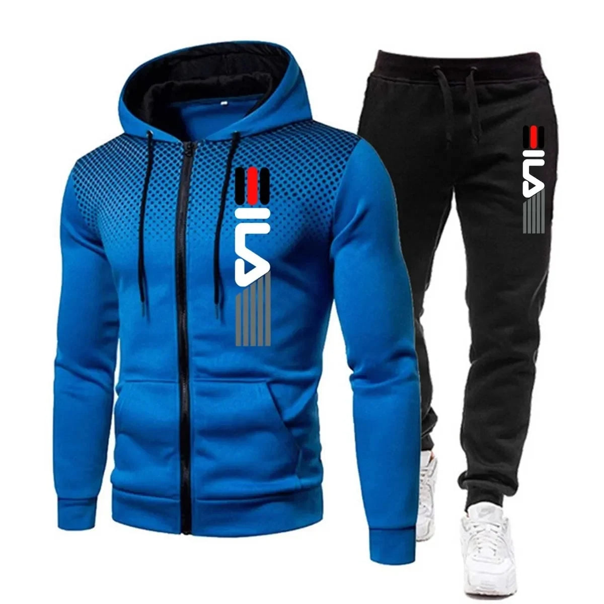 "Stijlvol en functioneel heren trainingspak in blauw, grijs, rood, zwart en wit; comfortabele pasvorm; winterbestendig."