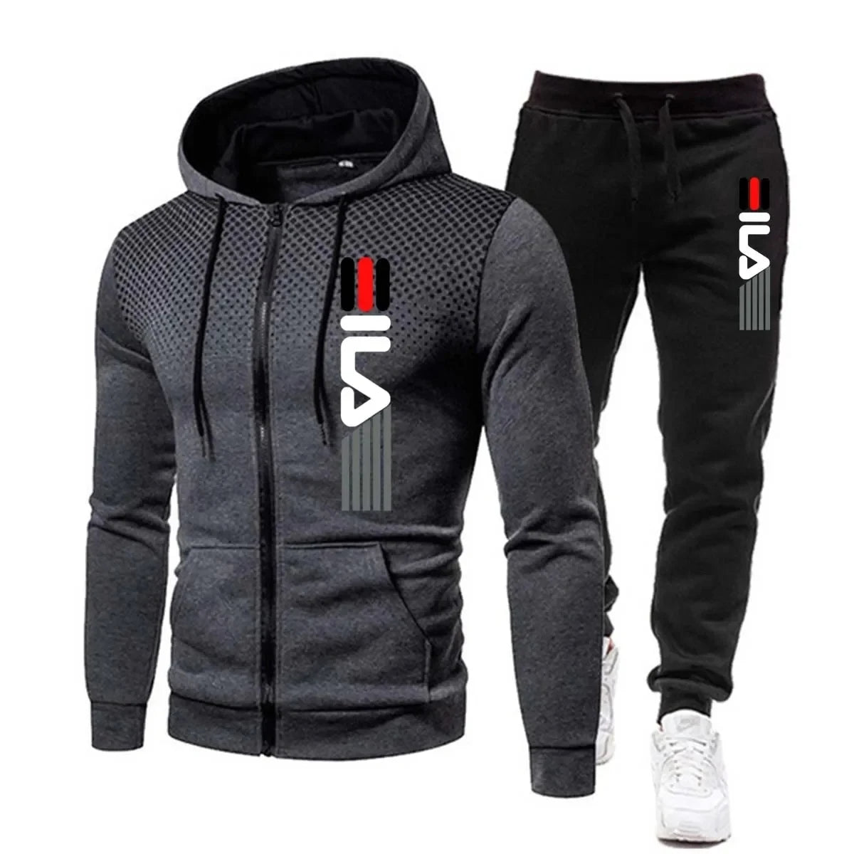 "Stijlvol en functioneel heren trainingspak in blauw, grijs, rood, zwart en wit; comfortabele pasvorm; winterbestendig."