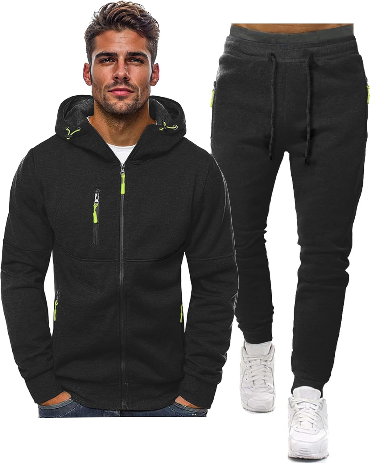 "Stijlvol heren trainingspak, zwart, slim-fit, met zakken; ideaal voor sportsessies en ontspannen, moderne look."