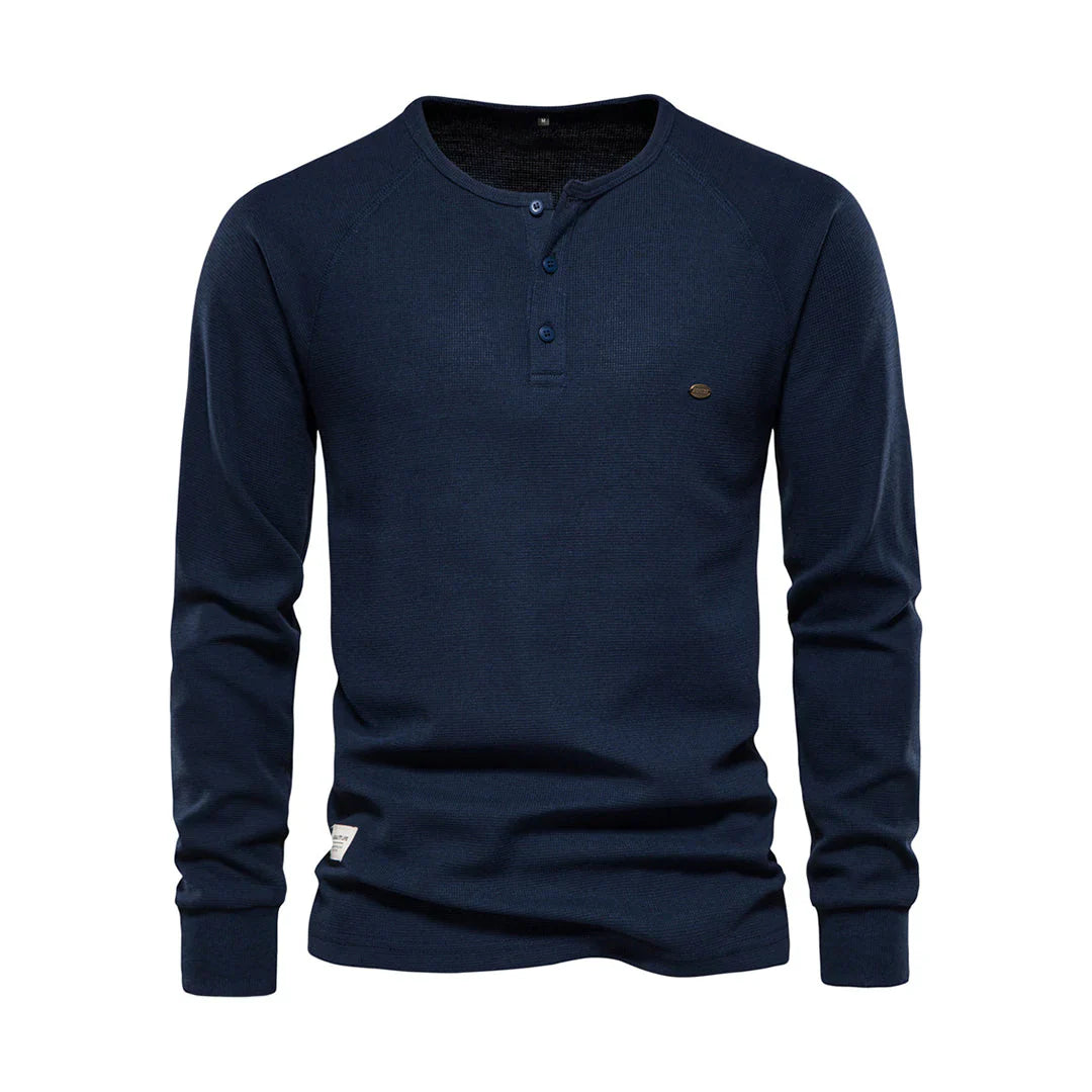 "Stijlvol herenlangemouwenshirt marineblauw, ronde hals, knoopsluiting, zachte ademende stof voor dagelijks gebruik en comfor
