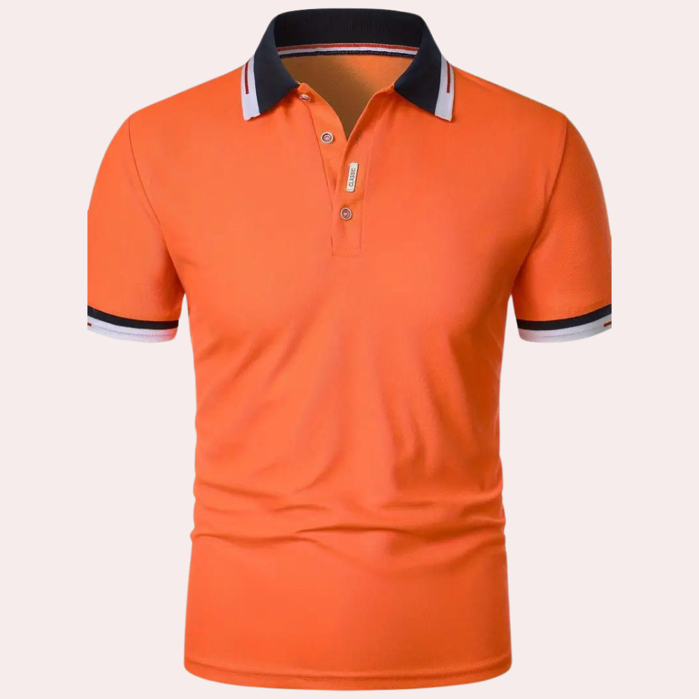 "Stijlvol oranje poloshirt voor heren met contrastkleurige kraag, mouwranden en elegante knoopsluiting, ideaal voor casual en