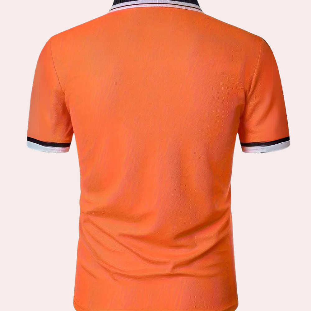 "Stijlvol oranje poloshirt voor heren met contrastkleurige kraag, mouwranden en elegante knoopsluiting, ideaal voor casual en