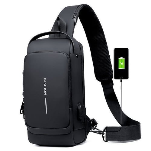 "Stijlvolle anti-diefstal crossbody tas voor dames in zwart, met verstopte ritsen en USB-poort, lakleer en polyester."