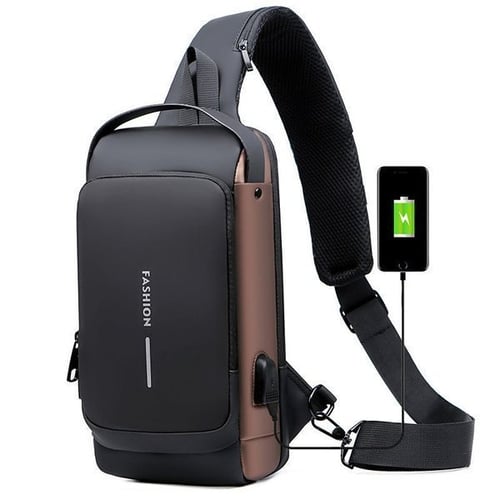 "Stijlvolle anti-diefstal crossbody tas voor dames in zwart, met verstopte ritsen en USB-poort, lakleer en polyester."