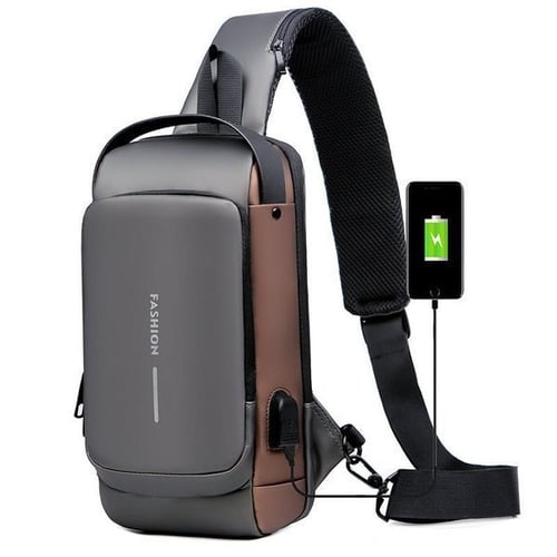 "Stijlvolle anti-diefstal crossbody tas voor dames in zwart, met verstopte ritsen en USB-poort, lakleer en polyester."