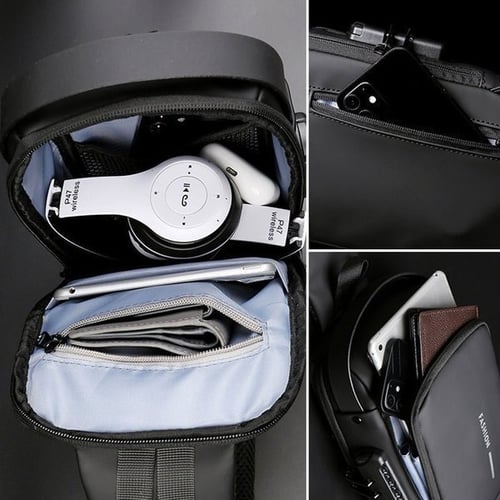 "Stijlvolle anti-diefstal crossbody tas voor dames in zwart, met verstopte ritsen en USB-poort, lakleer en polyester."