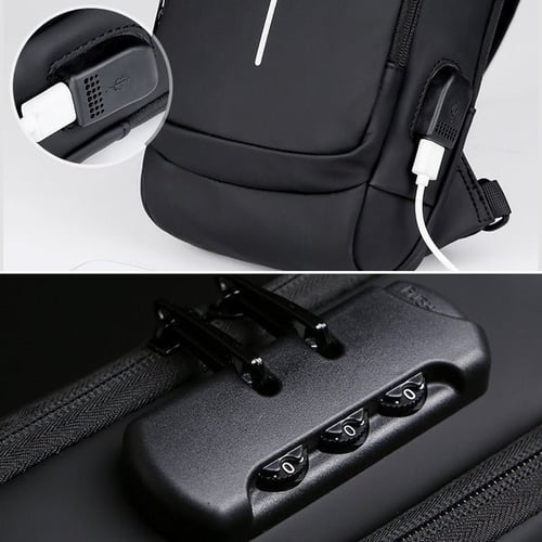 "Stijlvolle anti-diefstal crossbody tas voor dames in zwart, met verstopte ritsen en USB-poort, lakleer en polyester."