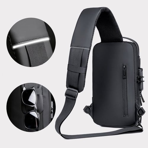 "Stijlvolle anti-diefstal crossbody tas voor dames in zwart, met verstopte ritsen en USB-poort, lakleer en polyester."