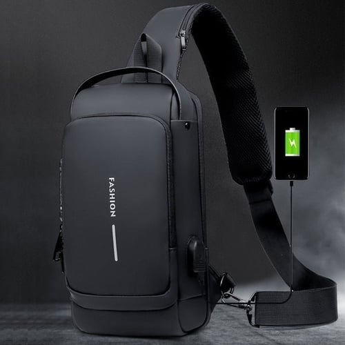 "Stijlvolle anti-diefstal crossbody tas voor dames in zwart, met verstopte ritsen en USB-poort, lakleer en polyester."