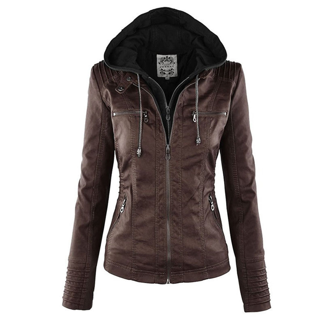 "Stijlvolle dames leren zomerjas, elegant design in zwart, bruin of khaki, met moderne ritssluiting en afneembare capuchon."