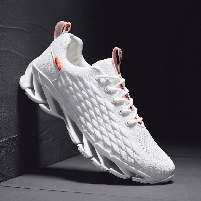 "Stijlvolle heren loopschoenen in grijs, rood, wit, zwart. Comfortabel, ademend en ideaal voor sport en dagelijks gebruik."