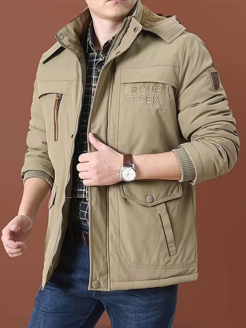 "Stijlvolle heren winterjas met capuchon en fleece, winddicht, verkrijgbaar in Khaki, Marineblauw, Militair Groen, Zwart."