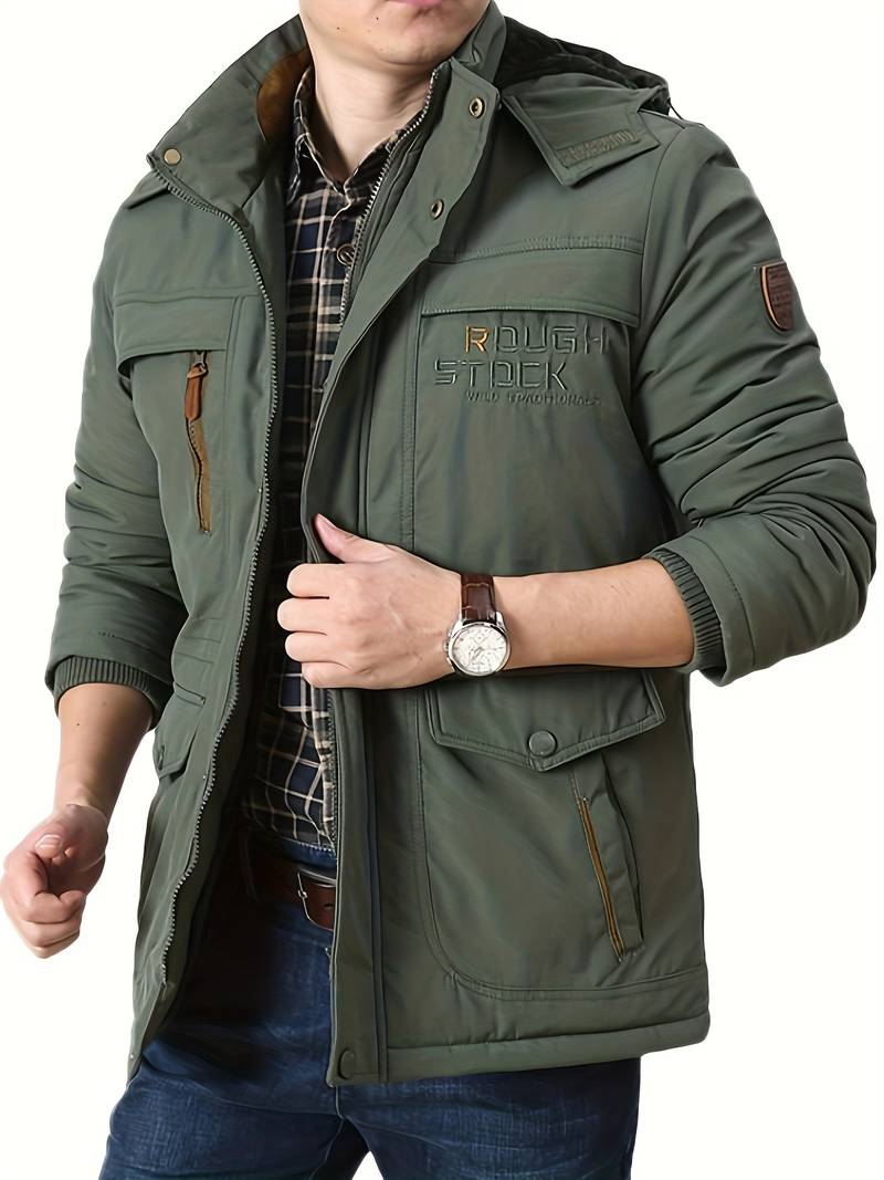 "Stijlvolle heren winterjas met capuchon en fleece, winddicht, verkrijgbaar in Khaki, Marineblauw, Militair Groen, Zwart."