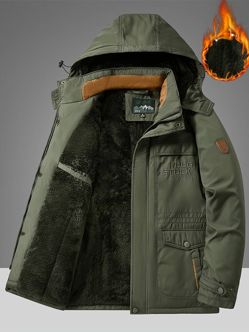 "Stijlvolle heren winterjas met capuchon en fleece, winddicht, verkrijgbaar in Khaki, Marineblauw, Militair Groen, Zwart."
