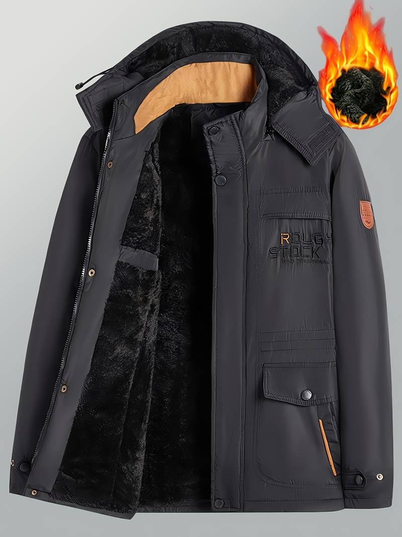 "Stijlvolle heren winterjas met capuchon en fleece, winddicht, verkrijgbaar in Khaki, Marineblauw, Militair Groen, Zwart."