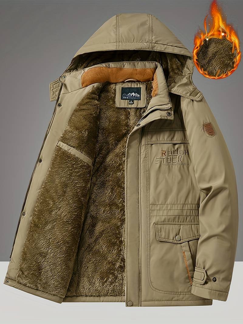 "Stijlvolle heren winterjas met capuchon en fleece, winddicht, verkrijgbaar in Khaki, Marineblauw, Militair Groen, Zwart."