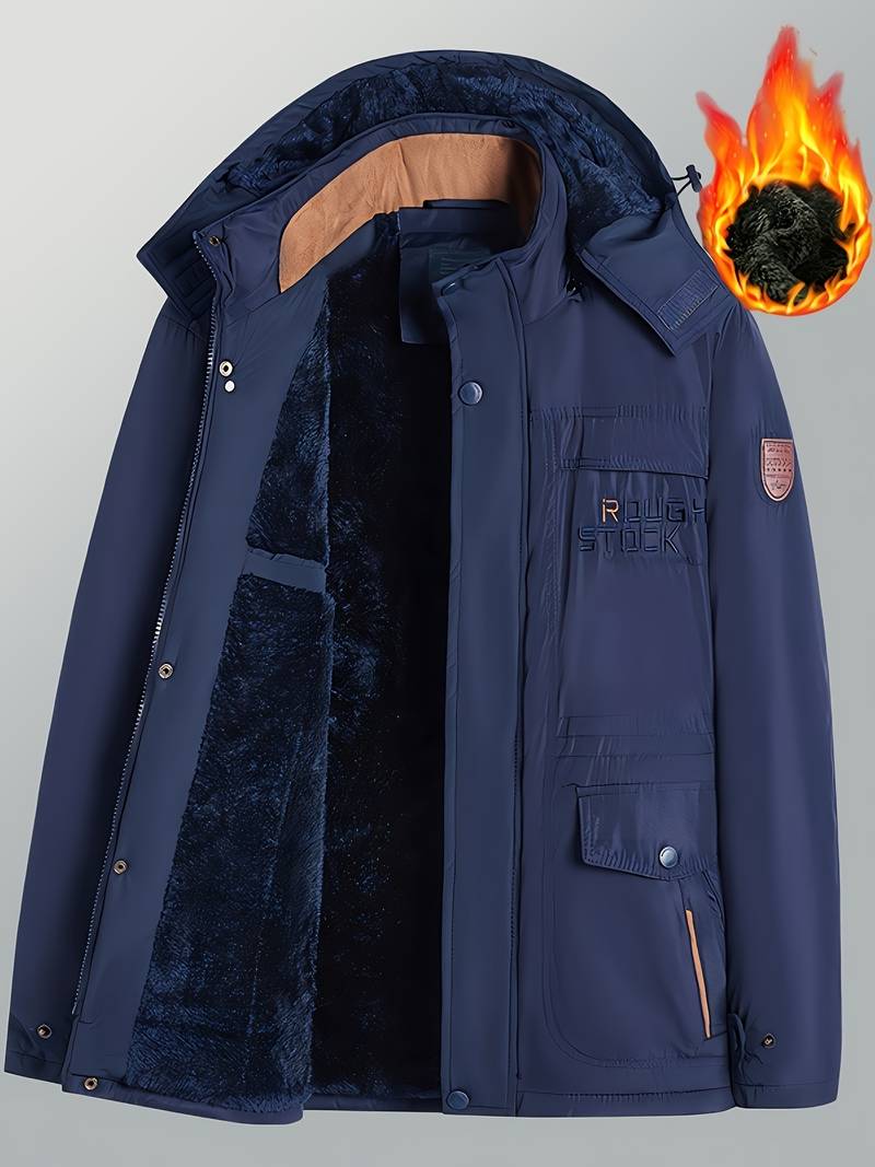 "Stijlvolle heren winterjas met capuchon en fleece, winddicht, verkrijgbaar in Khaki, Marineblauw, Militair Groen, Zwart."
