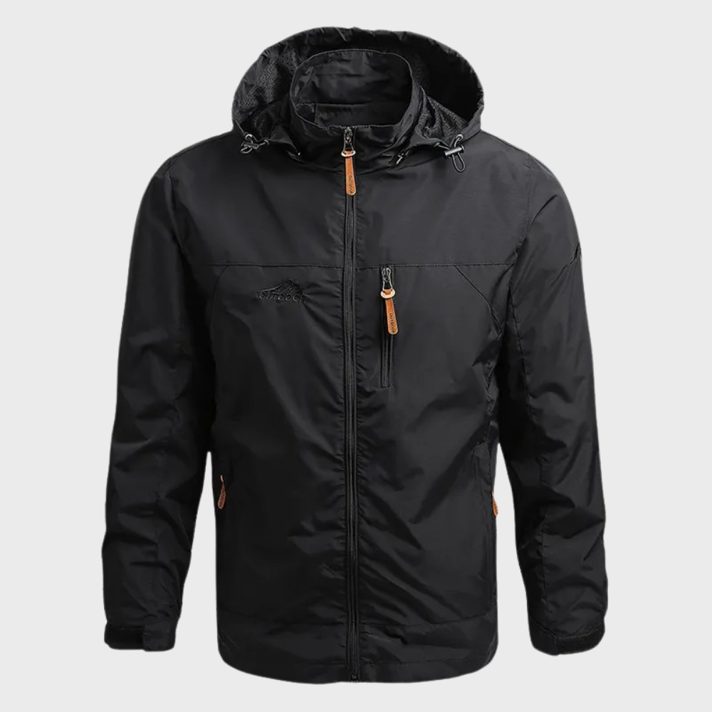 "Stijlvolle herenjas, waterdicht en warm, in zwart, khaki of blauw met capuchon, voor comfort en bescherming tegen regen."