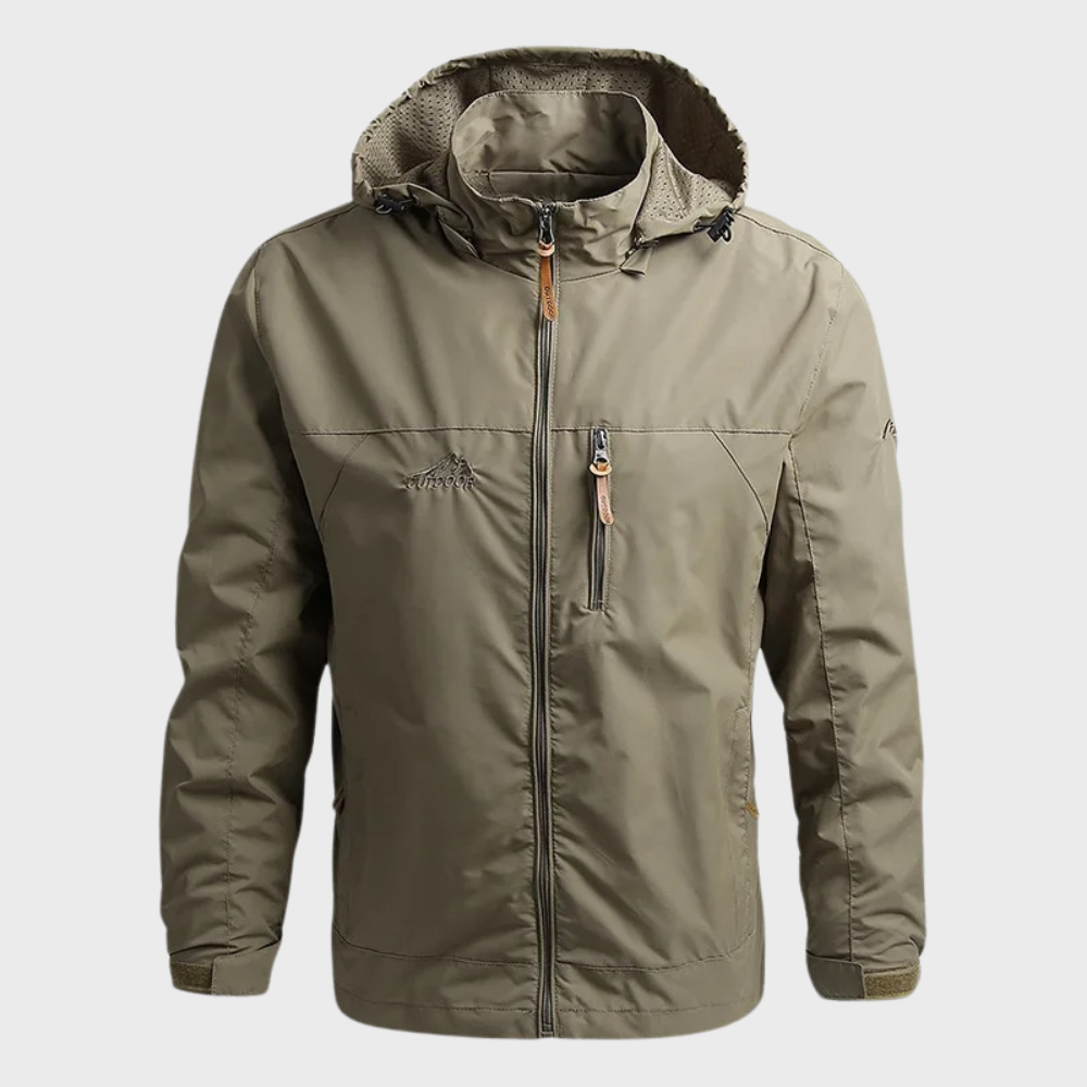"Stijlvolle herenjas, waterdicht en warm, in zwart, khaki of blauw met capuchon, voor comfort en bescherming tegen regen."