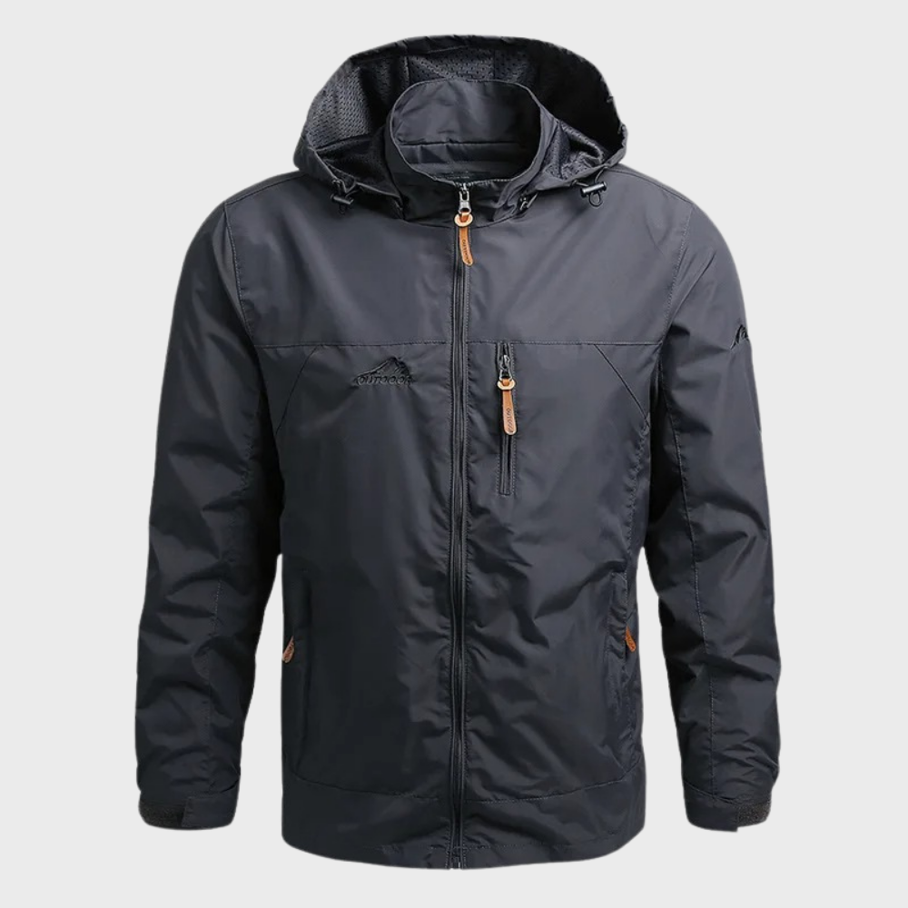 "Stijlvolle herenjas, waterdicht en warm, in zwart, khaki of blauw met capuchon, voor comfort en bescherming tegen regen."
