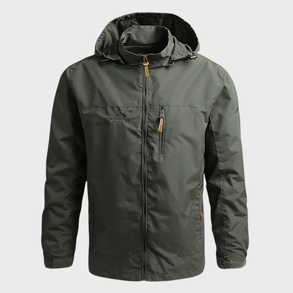 "Stijlvolle herenjas, waterdicht en warm, in zwart, khaki of blauw met capuchon, voor comfort en bescherming tegen regen."