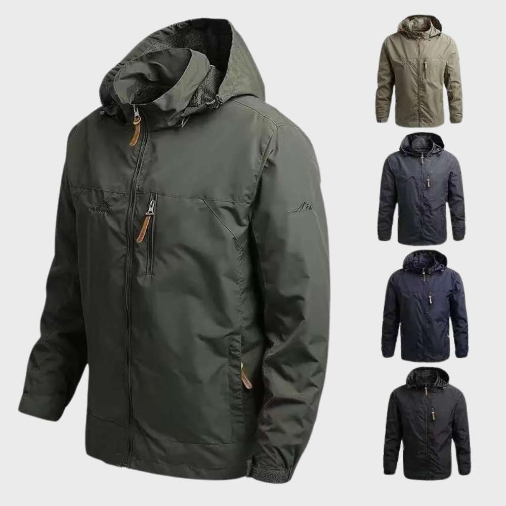 "Stijlvolle herenjas, waterdicht en warm, in zwart, khaki of blauw met capuchon, voor comfort en bescherming tegen regen."