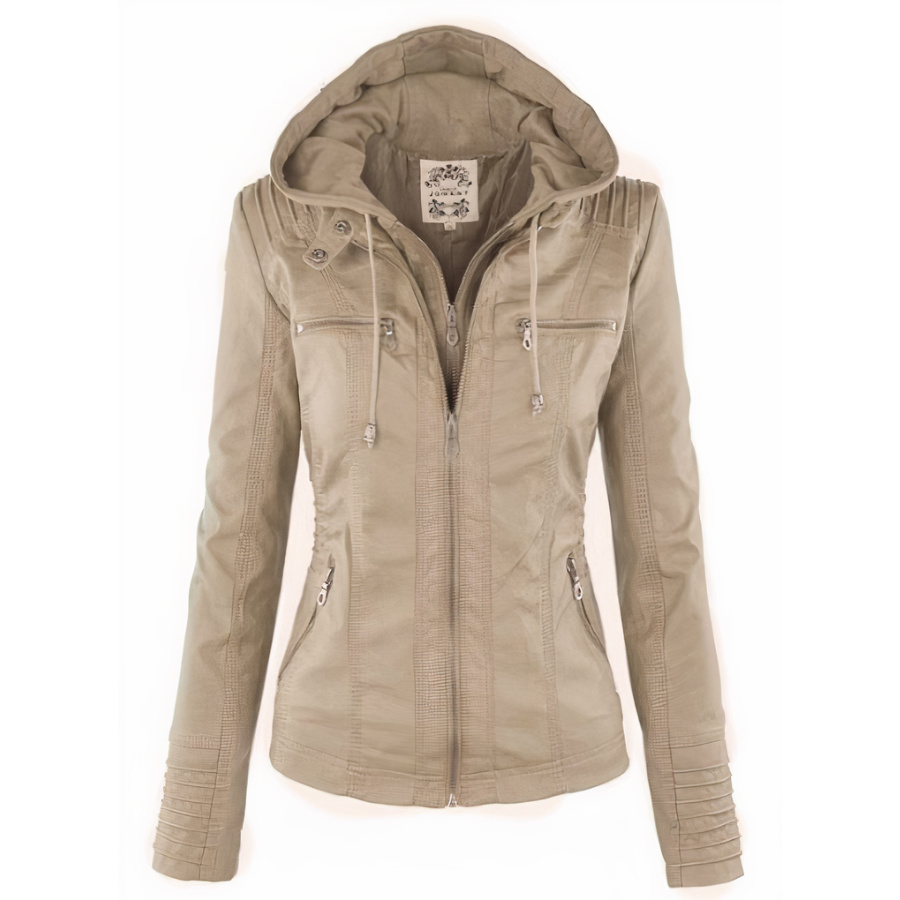 "Stijlvolle leren damesjas met capuchon, getailleerde pasvorm, trendy ritsdetails en veelzijdigheid."