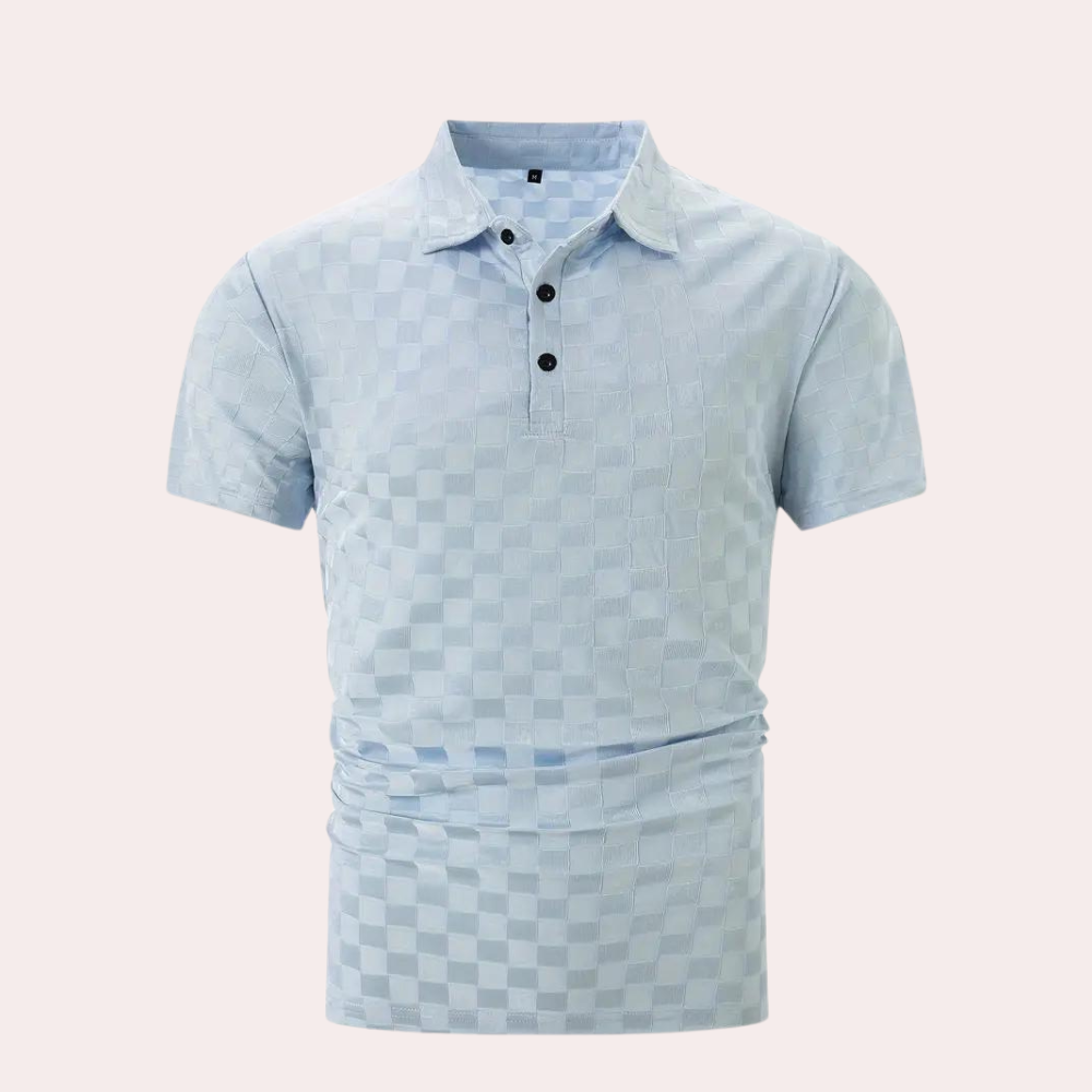 "Stijlvolle lichtblauwe polo voor heren, korte mouwen, perfecte zomerkleding. Comfortabel en elegant ontwerp."