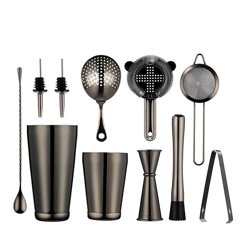 "Stijlvolle roestvrijstalen cocktailshaker set met essentiële accessoires voor thuiscocktails, ideaal voor elke thuisbar."
