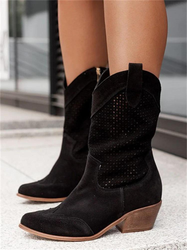 Stijlvolle witte dames cowboylaarzen met perforatiedetails en blokhak, perfect voor modieuze en comfortabele stappen.