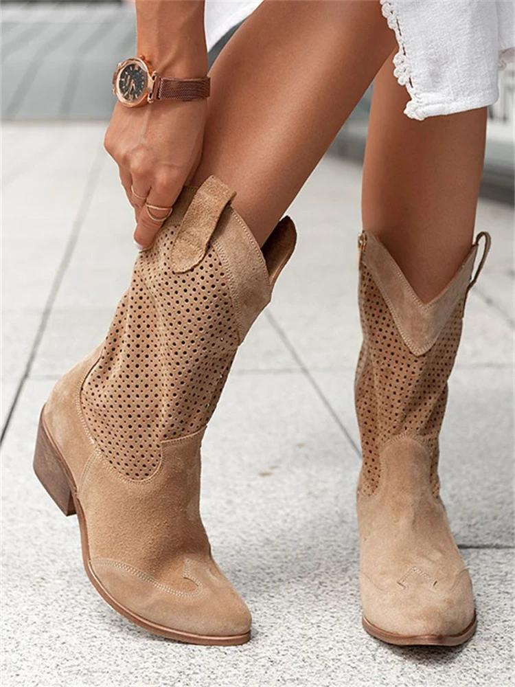 Stijlvolle witte dames cowboylaarzen met perforatiedetails en blokhak, perfect voor modieuze en comfortabele stappen.