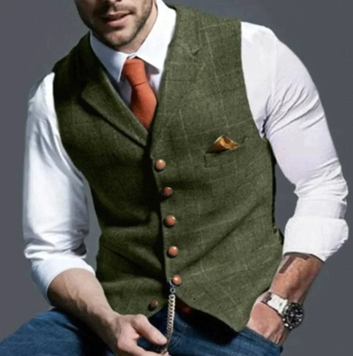 "Stylisch herenvest, klassiek patroon, duurzame tweed stof, geschikt voor formele en casual gelegenheden."