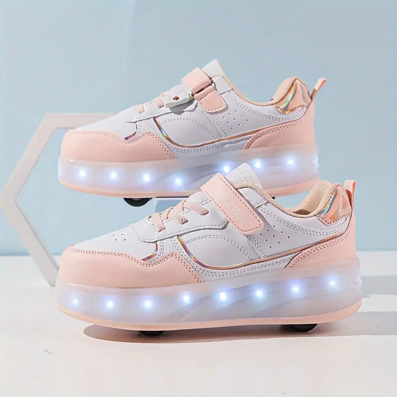 Trendy kinderschoenen met rollers en LED-verlichting, verkrijgbaar in paars, roze en wit, perfect voor avontuurlijke kids.