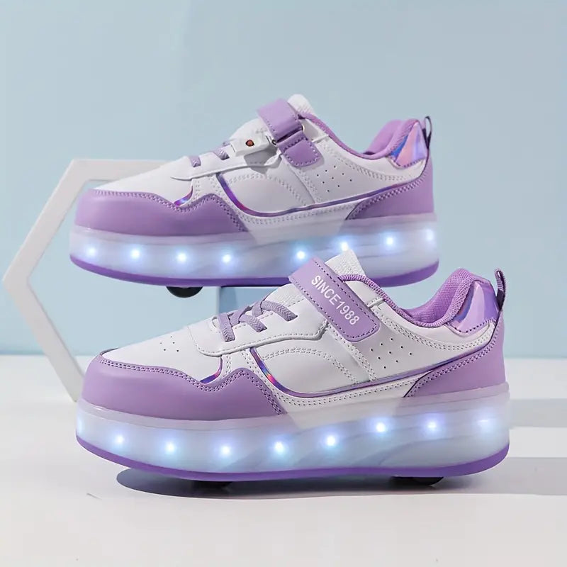 Trendy kinderschoenen met rollers en LED-verlichting, verkrijgbaar in paars, roze en wit, perfect voor avontuurlijke kids.