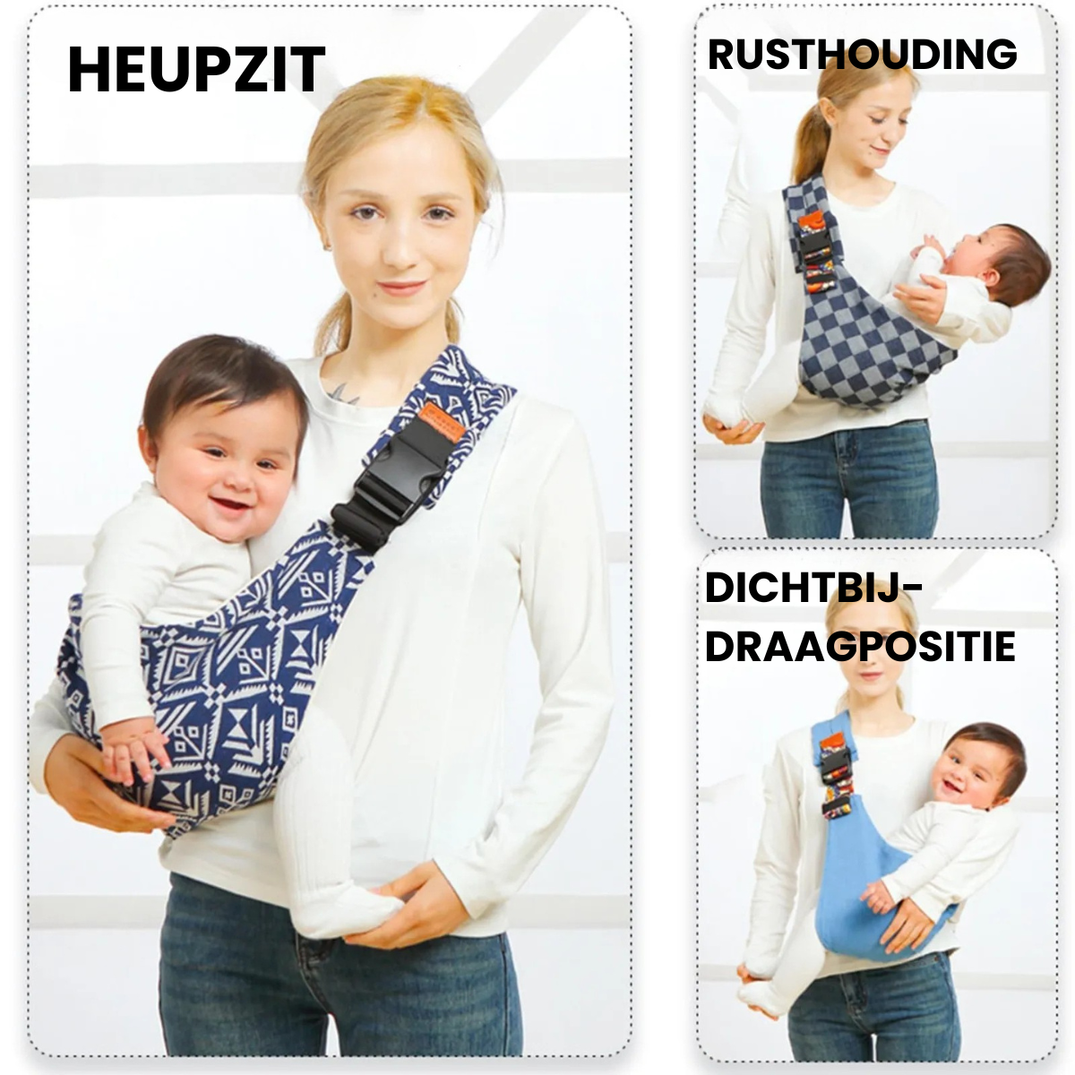 Verstelbare baby draagdoek in grijze tinten, ergonomisch ontwerp voor comfort en gebruiksgemak, ideaal voor ouders onderweg.