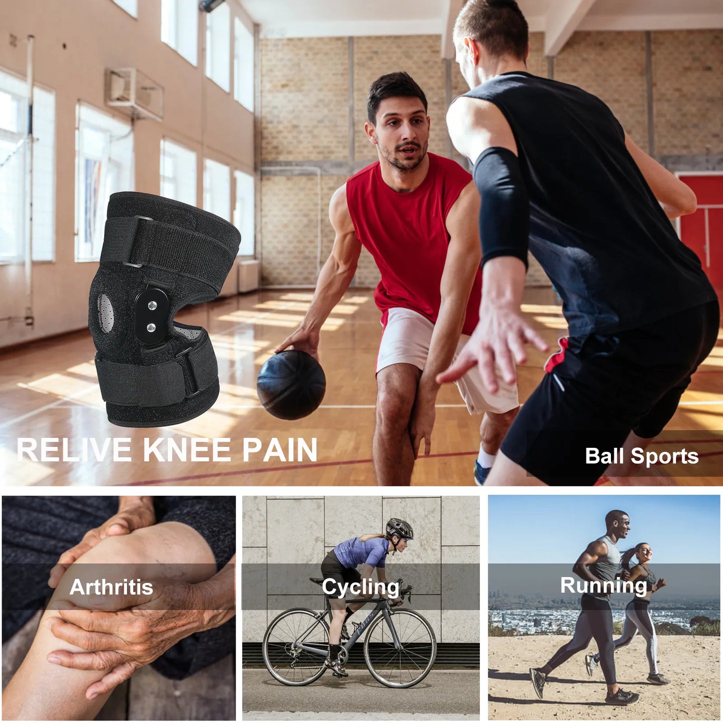 "Verstelbare scharnierende kniebrace voor optimale ondersteuning, zwart neopreen, geeft flexibiliteit en comfort bij beweging