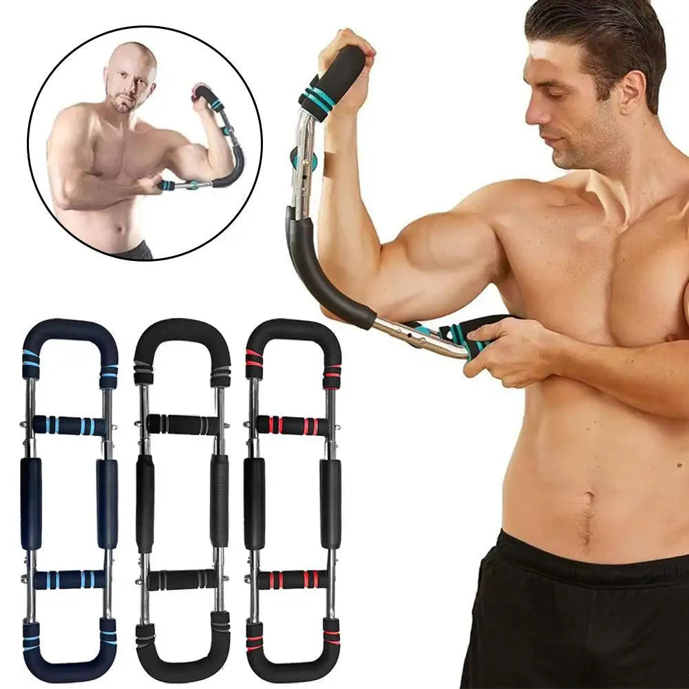 Verstelbare Twister Arm Trainer voor schouderkracht en borstspanning. Compact, draagbaar fitnessapparaat in zwart, blauw, roo