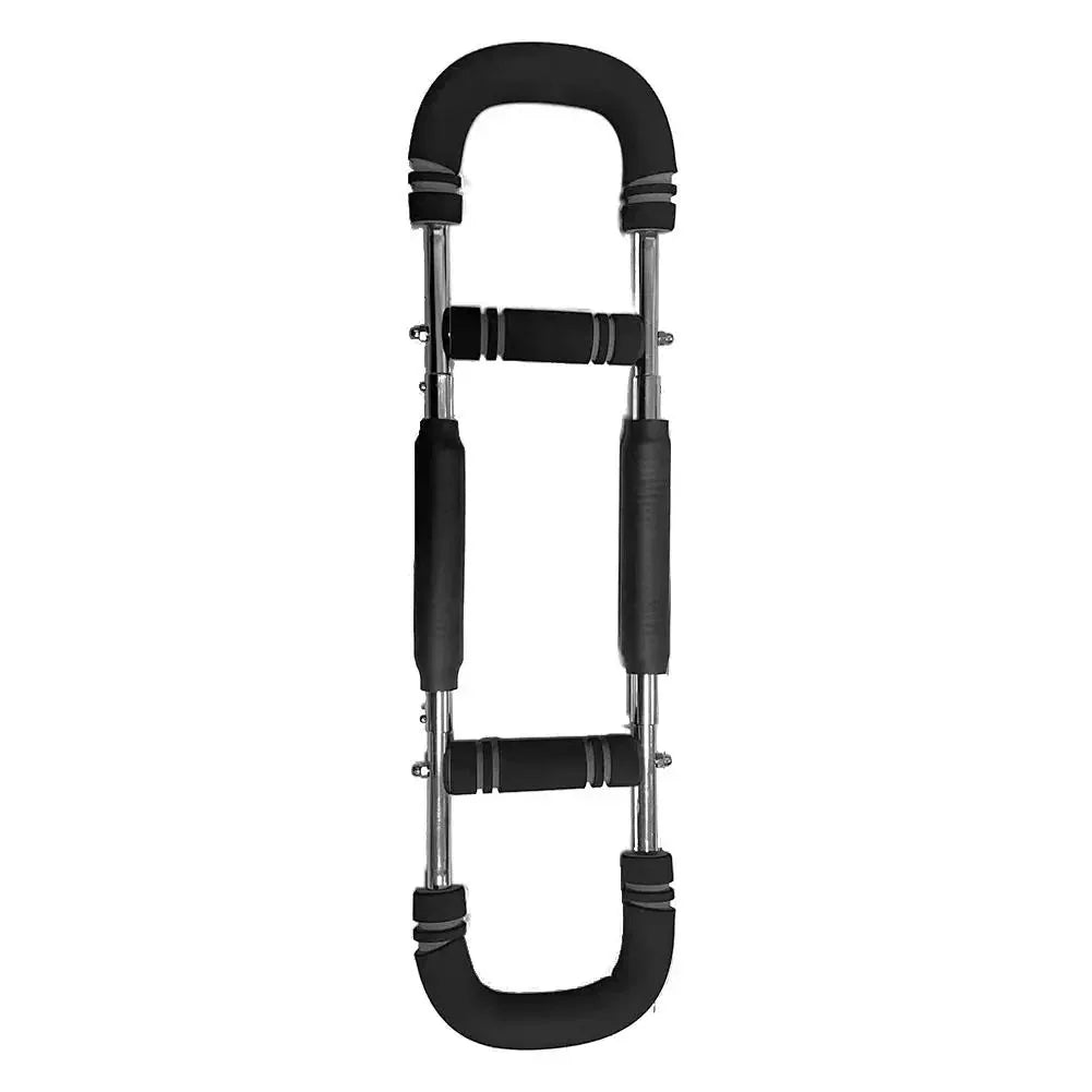 Verstelbare Twister Arm Trainer voor schouderkracht en borstspanning. Compact, draagbaar fitnessapparaat in zwart, blauw, roo