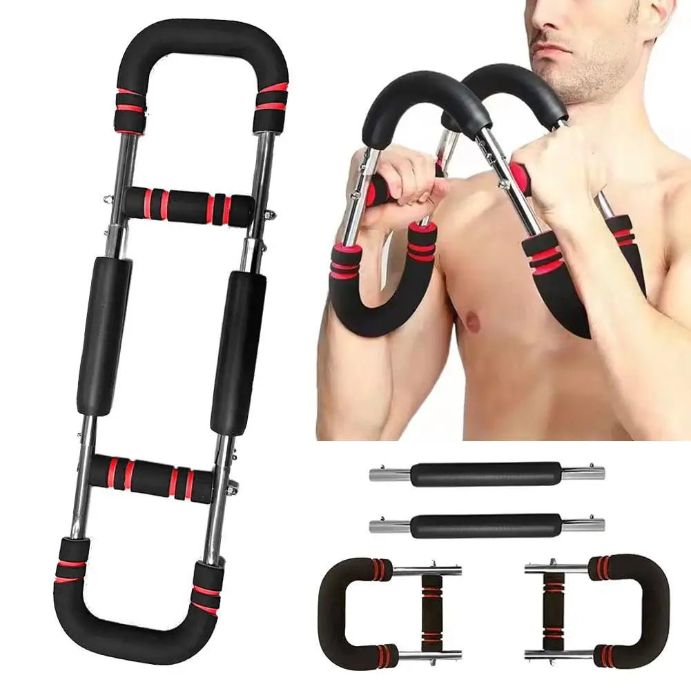 Verstelbare Twister Arm Trainer voor schouderkracht en borstspanning. Compact, draagbaar fitnessapparaat in zwart, blauw, roo