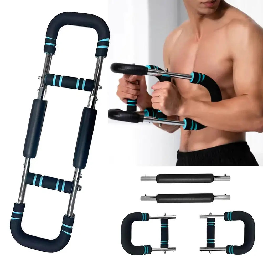 Verstelbare Twister Arm Trainer voor schouderkracht en borstspanning. Compact, draagbaar fitnessapparaat in zwart, blauw, roo