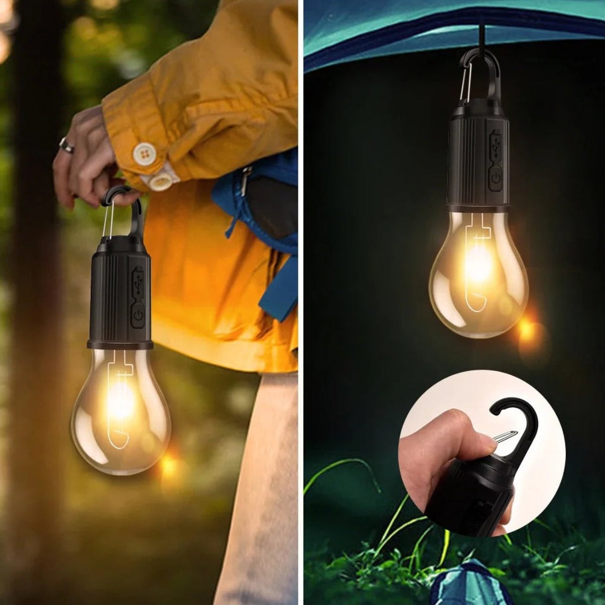 "Vintage oplaadbare gloeilamp voor buiten, draadloos en duurzaam, ideaal voor kamperen of tuinverlichting."